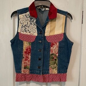Quilt Taylor Denim Patchwork Vest with Red Floral and Cream Accents Ruffled